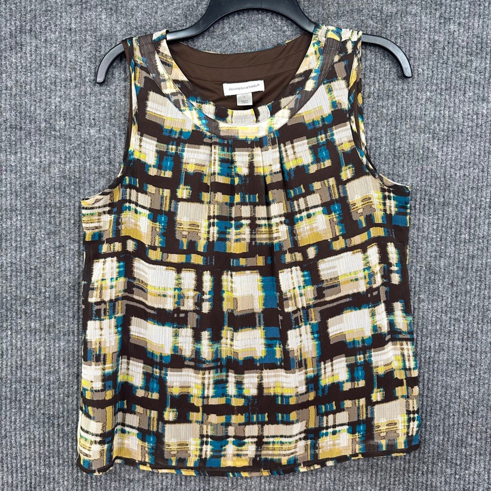 Christopher & Banks Blouse Womens S Brown Multi Excellent Geometric Pleated Tank